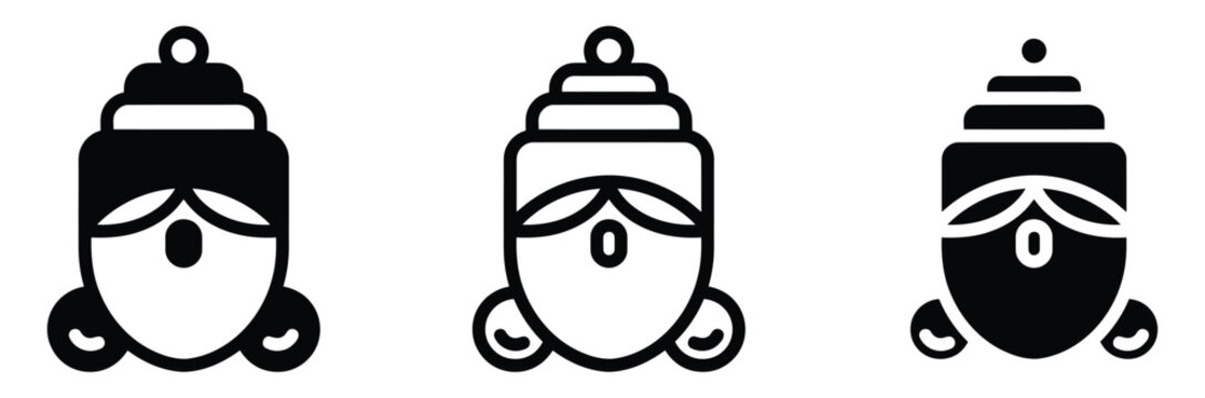 Lord Buddha face icon vector set with traditional crown and tilak symbol for Buddhism religion, spiritual meditation, and zen peace concept design isolated on white background.