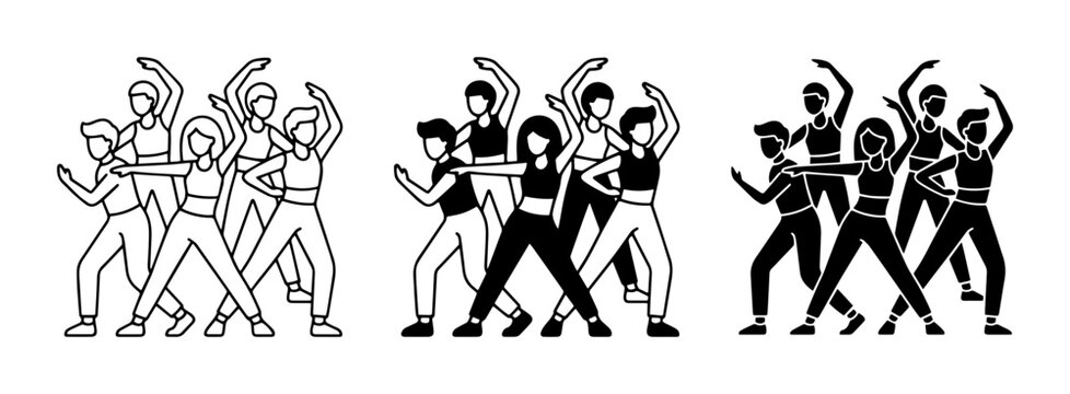 Group Dance Silhouette, Line Art, and Solid Fill Vector Set: Dynamic Performers