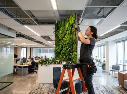 Woman technician installing vertical moss wall decor in modern office interior. Professional worker mounting sustainable living plant art for biophilic workplace design and environment.