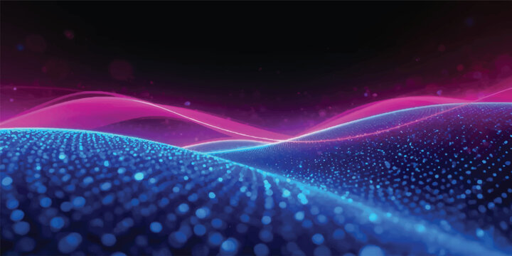 Abstract Blue Wave Background with Glowing Light Rays Motion Energy Lines and Neon Purple and Pink Highlights on Dark Space Texture Wallpaper