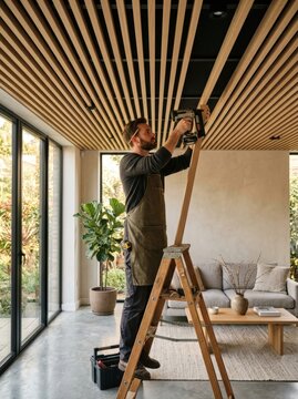Carpenter installing wooden ceiling slats in a modern house interior. Man on ladder using a nail gun for home renovation. Professional interior design and DIY improvement project.