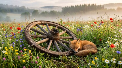 Fototapeta premium Vintage wooden wagon wheel resting in lush meadow filled with colorful wildflowers, small wild red fox peacefully beside spoke structures.
