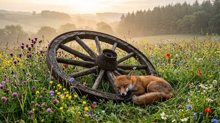 Fototapeta premium Vintage wooden wagon wheel resting in lush meadow filled with colorful wildflowers, small wild red fox peacefully beside spoke structures.