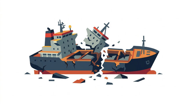 Broken ship in the sea illustration.