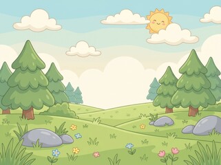 Fototapeta premium Charming cartoon landscape with rolling green hills pine trees and a smiling sun during a bright day