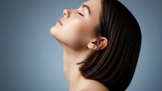 Close up profile of a young woman tilting her head back with eyes closed.