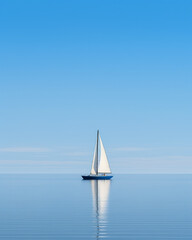 Fototapeta premium A single sailboat glides on calm, reflective waters under a clear blue sky, creating a serene and peaceful maritime scene.
