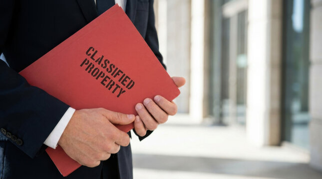 Classified property folder secret document business suit hand holding file red folder confidentiality private office legal security restricted