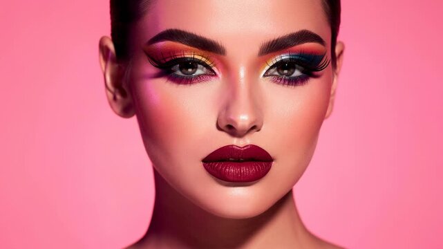 Close up vibrant rainbow eye makeup transformation video showcasing colorful creative beauty look
