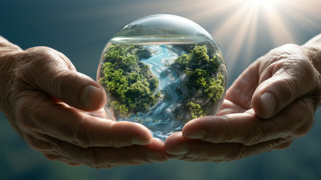 Water Conservation Earth Day Concept with Hands Holding Globe and Water Drop for Sustainable Environment