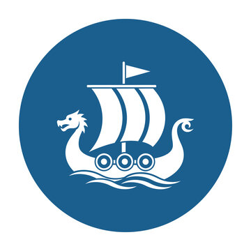 Viking Dragon Ship Sailing on Ocean Waves with Sail Up and Flag