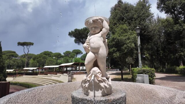 Aesthetic cinematic view of Putto riding a dolphin sculpture in Villa Borghese