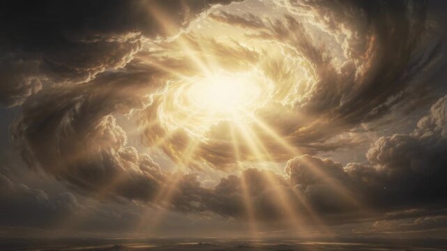 Majestic heavenly vortex emitting radiant golden light beams piercing through swirling clouds