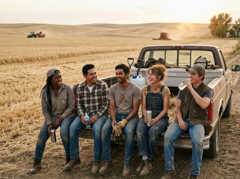 Diverse group of farmers sitting on truck tailgate in wheat field during harvest. Happy workers relaxing and drinking water after labor. Agricultural industry and teamwork concept.