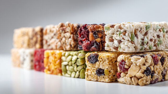 Assortment of healthy cereal and granola bars with nuts, seeds and dried fruits. Nutritious snack, fitness nutrition, energy food, balanced diet and healthy lifestyle concept.
