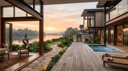 Fototapeta premium Modern waterfront villa courtyard with pool and wooden deck at sunset