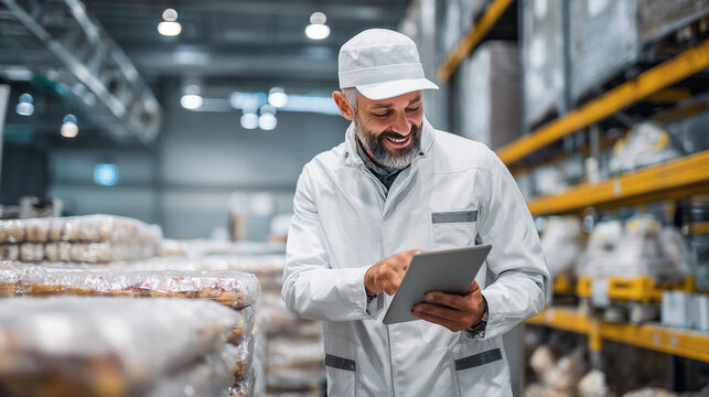 Food quality inspector using a digital tablet in a warehouse, checking inventory, product quality, storage conditions, logistics, and supply chain management.