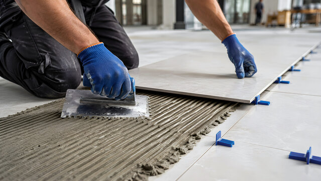 Professional construction worker installing large ceramic floor tiles using a notched trowel and blue spacers