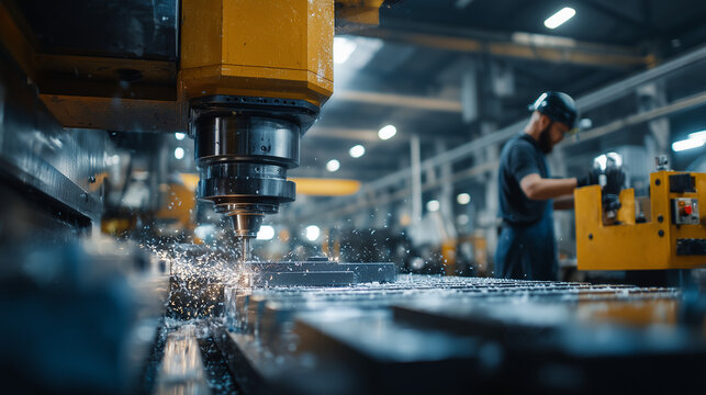 Modern CNC milling machine cutting metal in industrial factory. Precision machining, manufacturing technology, automation and engineering production concept.
