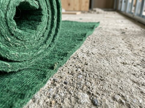Rolled green thermal insulation material on concrete floor. Construction site material for building renovation. Soundproofing and energy efficiency for home improvement project.