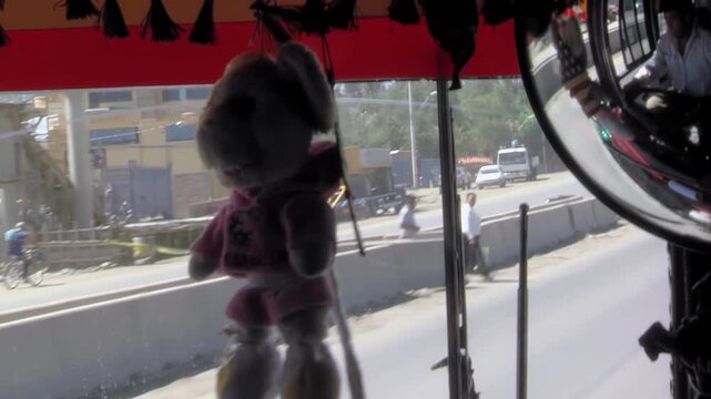 Inside View Of Public Bus Driving With Hanging Teddy Bear, Quillacollo, Bolivia - 4K