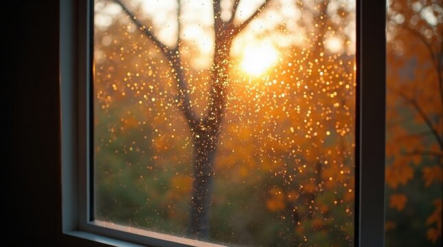 Gotas de condensaci&oacute;n sobre una ventana con vista oto&ntilde;al