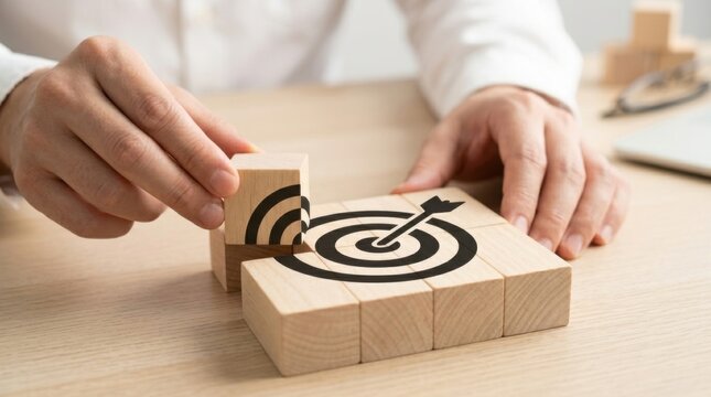 Close up of business strategy goal concept with businessman hand placing the missing wooden block to complete a dartboard target icon on wooden desk