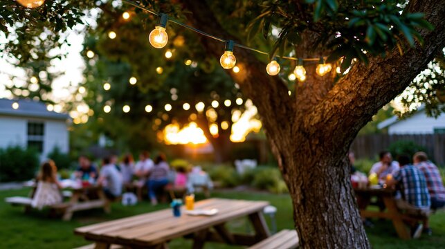 Outdoor evening gathering under tree with string lights