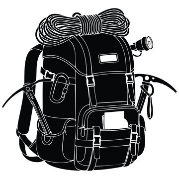 Black silhouette mountain climbing backpack vector illustration line art equipment design.