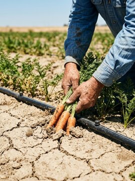 Farmer pulling fresh carrot from dry soil in field. Agricultural worker harvesting organic root vegetable. Farming harvest concept and healthy food industry, sustainable agriculture.