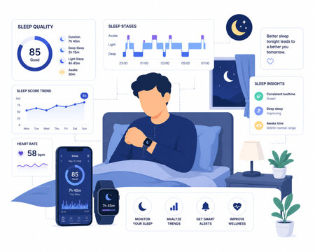 Wearable Device Monitoring Sleep Quality with Health Analytics Dashboard Flat Vector Illustration