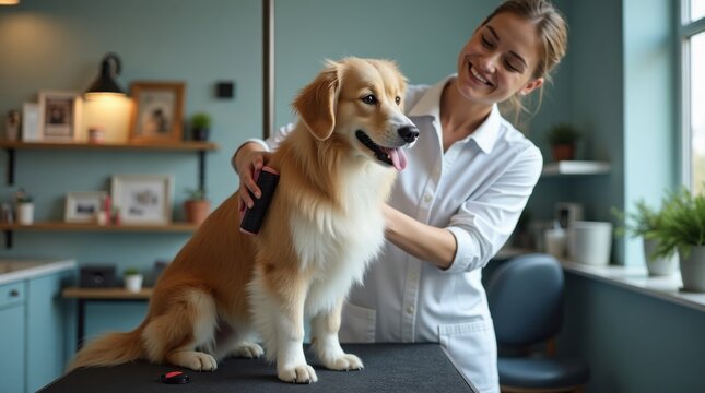 Peluquera canina profesional cepillando cuidadosamente a un perro peludo sobre una mesa de peluquer&iacute;a
