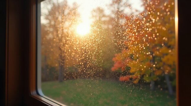 Gotas de condensaci&oacute;n cubren una ventana moderna, mientras los coloridos &aacute;rboles oto&ntilde;ales se difuminan suavemente en el exterior