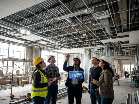 Diverse team of engineers and architect woman with tablet analyzing building construction site with digital blueprint. Future of smart civil architecture and modern design planning.