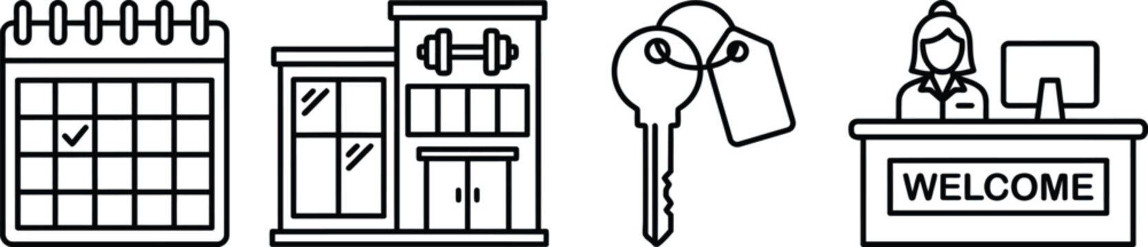 Gym Membership Line Art Icons, ID Card, Key, Fitness App, Calendar Vector Outlines