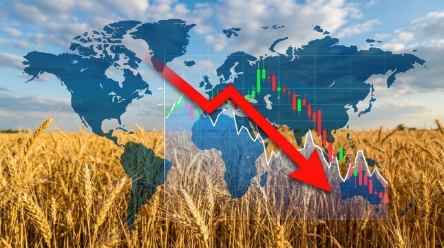 Global Food Crisis: Wheat Market Decline and Economic Recession on World Map with Financial Chart