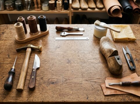 Shoemaker workbench with leather tools and wooden shoe last. Professional cobbler workspace for custom footwear production. Traditional handmade craft and artisan workshop equipment.