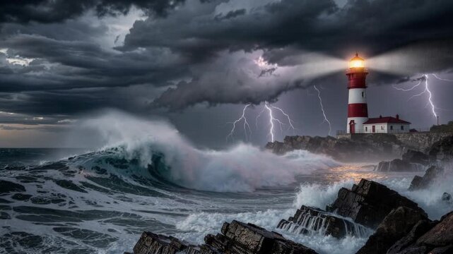 Lighthouse standing strong on rocky cliffs with crashing waves and dramatic lightning storm