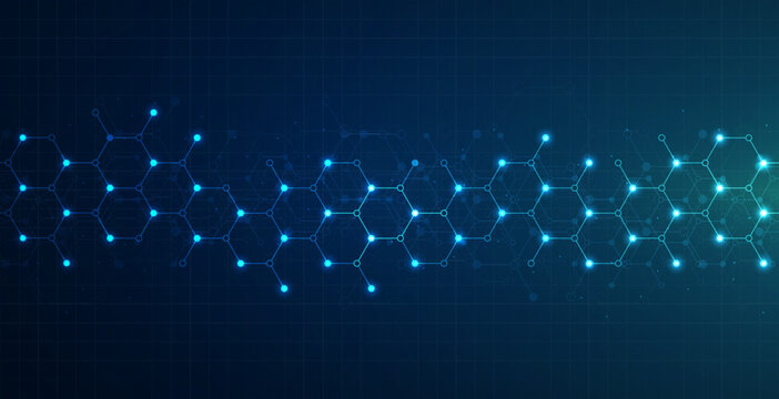 Blue hexagon network glows across a dark digital background. Abstract technology concept for data, science, innovation, and futuristic design.