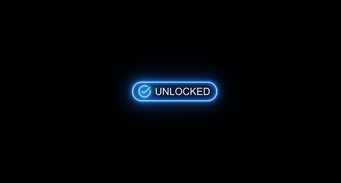 Glowing green neon unlocked button with checkmark icon on black background signifying successful access, cybersecurity authorization, and digital security completion....