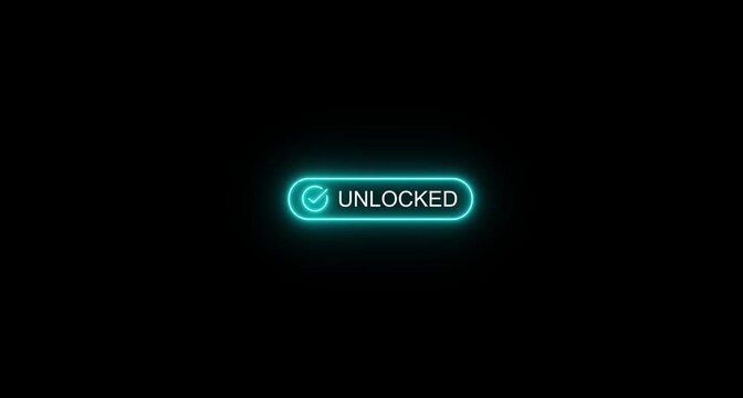 Glowing green neon unlocked button with checkmark icon on black background signifying successful access, cybersecurity authorization, and digital security completion....