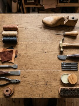Cobbler workspace with leather craft tools and material on wooden table. Professional shoemaker equipment layout for manual footwear creation. Artisan workshop concept. Top view flat lay.