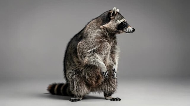 Curious raccoon standing upright in a minimalist studio with detailed fur and expressive eyes