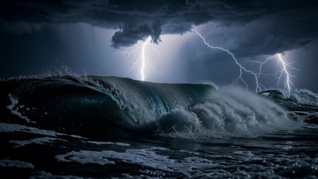 Fierce lightning storm illuminating night sky over dark crashing ocean waves