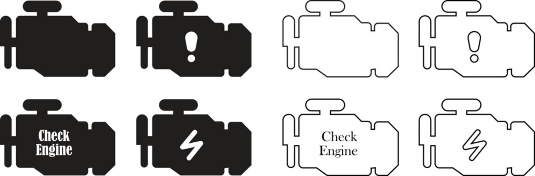 Check engine light flat, line icon set. Car dashboard warning symbol, auto diagnostic mechanics sign. Vehicle motor block silhouette for repair service, maintenance isolated on transparent background.