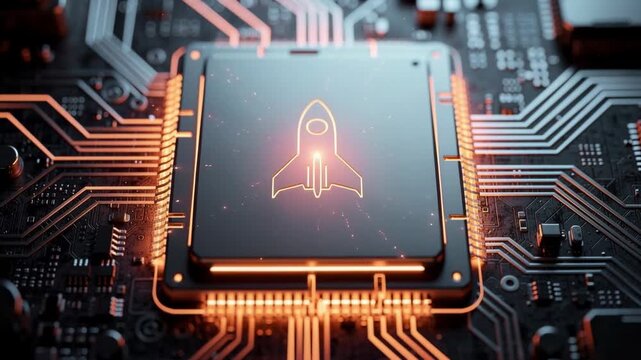 Futuristic microchip with glowing circuits and rocket symbol powering up technology innovation concept