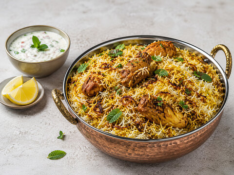 Biryani indio preparado con arroz basmati arom&aacute;tico, pollo marinado, especias tradicionales y acompa&ntilde;ado de raita.