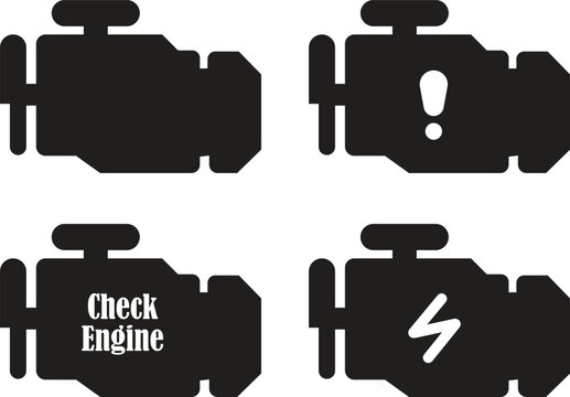 Check engine light flat icons set. Car dashboard warning symbols, auto diagnostic mechanics signs. Vehicle motor block silhouette for repair service, maintenance isolated on transparent background.