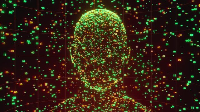 Futuristic seamless loop of a digital human head. Abstract matrix background with binary code numbers falling around a man head, creative concept for artificial intelligence and cyber security.