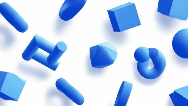 Abstract Blue Geometric Shapes Floating on White Background Seamless Pattern.